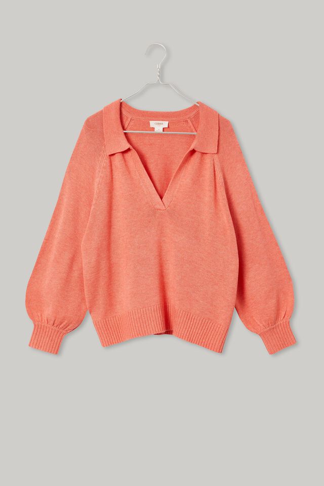 Soft Knit Collared Sweater In Recycled Blend, WINTER CORAL MARLE