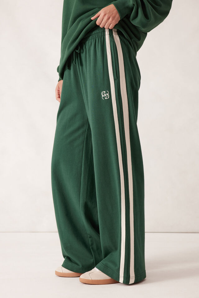 Gigi Wide Leg Terry Trackpant, PINE GREEN SIDE STRIPE
