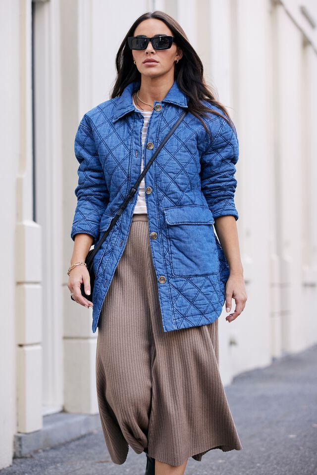 Chambray Quilted Shacket In Rescue Fabric, MID INDIGO