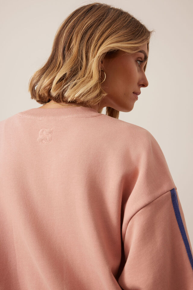 Sasha Sporty Slouchy Crew, PINK CLAY WASHED NAVY SIDE STRIPE