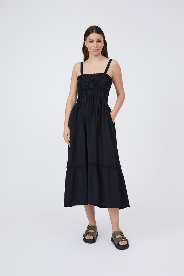 Shirred Strappy Dress In Organic Cotton Poplin, BLACK