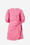 Wrap Mini Dress In Cotton Linen Blend, SUNSET PINK - alternate image 2
