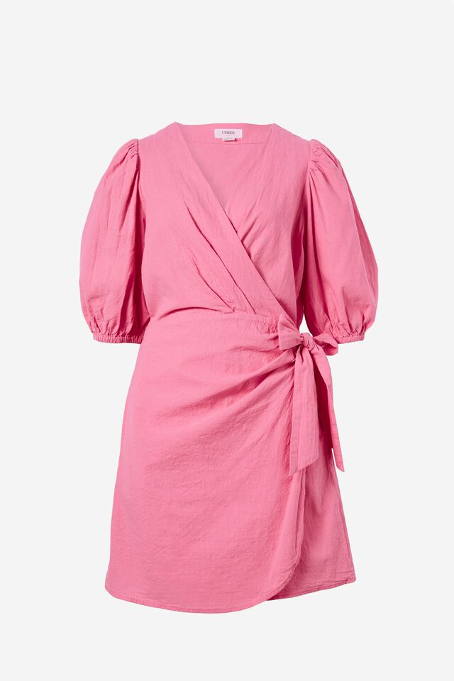 Wrap Mini Dress In Cotton Linen Blend, SUNSET PINK