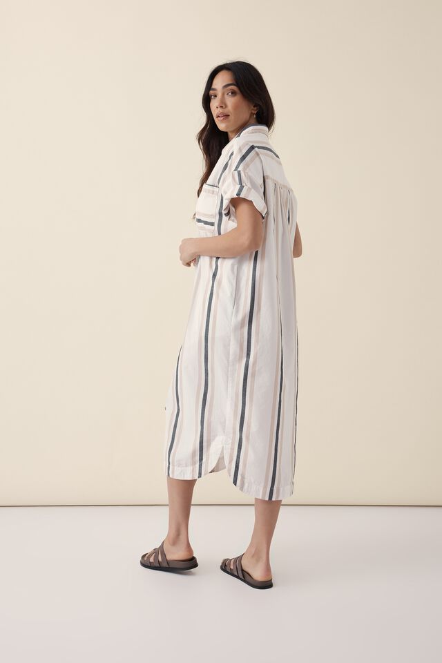 Short Sleeve Midi Shirt Dress, WHITE STRING STRIPE