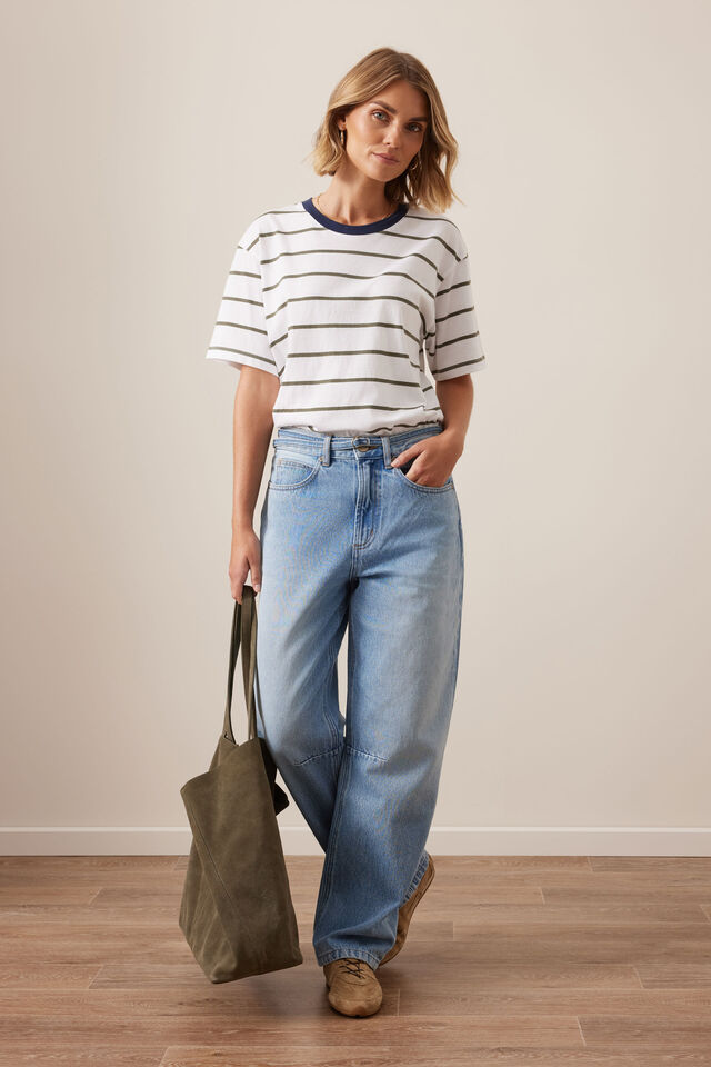 Stevie Slouchy Tee, WHITE/WASHED OLIVE STRIPE