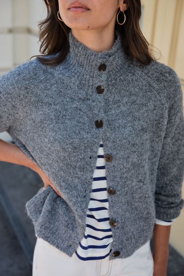 Riley Funnel Neck Tab Cardi, SILVER MARLE