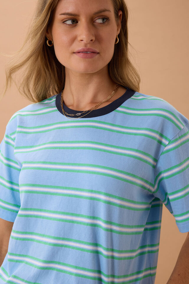 Stevie Slouchy Tee, POWDER/ZESTY GREEN STRIPE