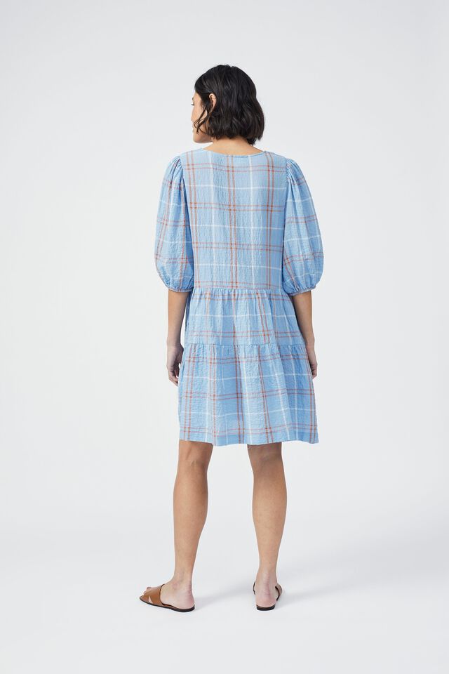 Check Smock Dress In Textured Organic Cotton, CLOUD TUMERIC CHECK