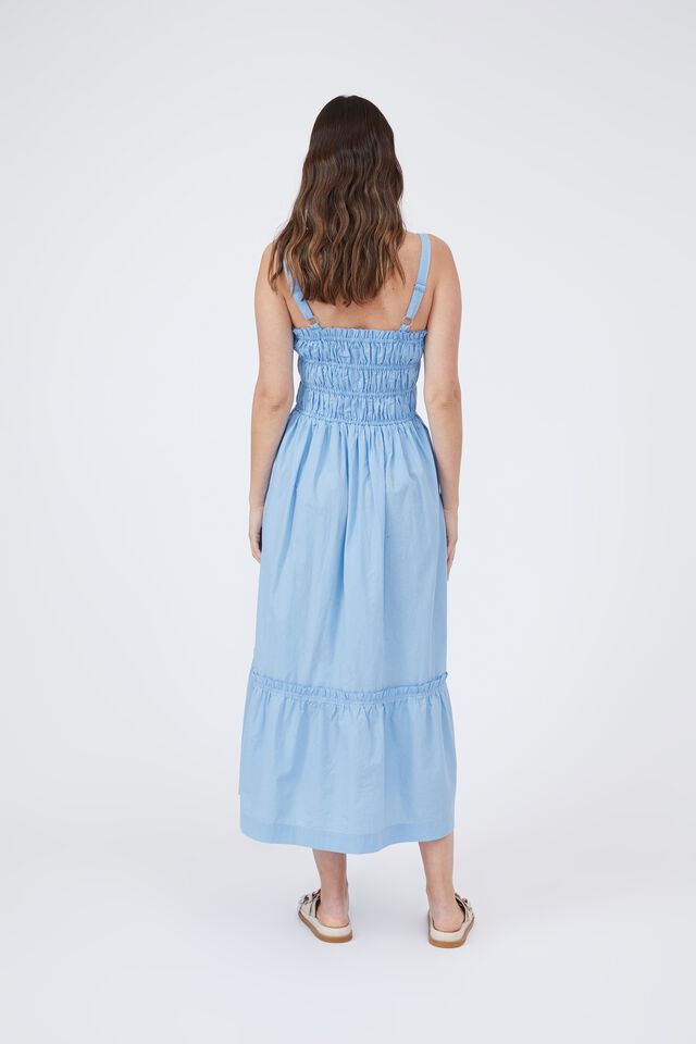 Shirred Strappy Dress In Organic Cotton Poplin, BLUE SKY