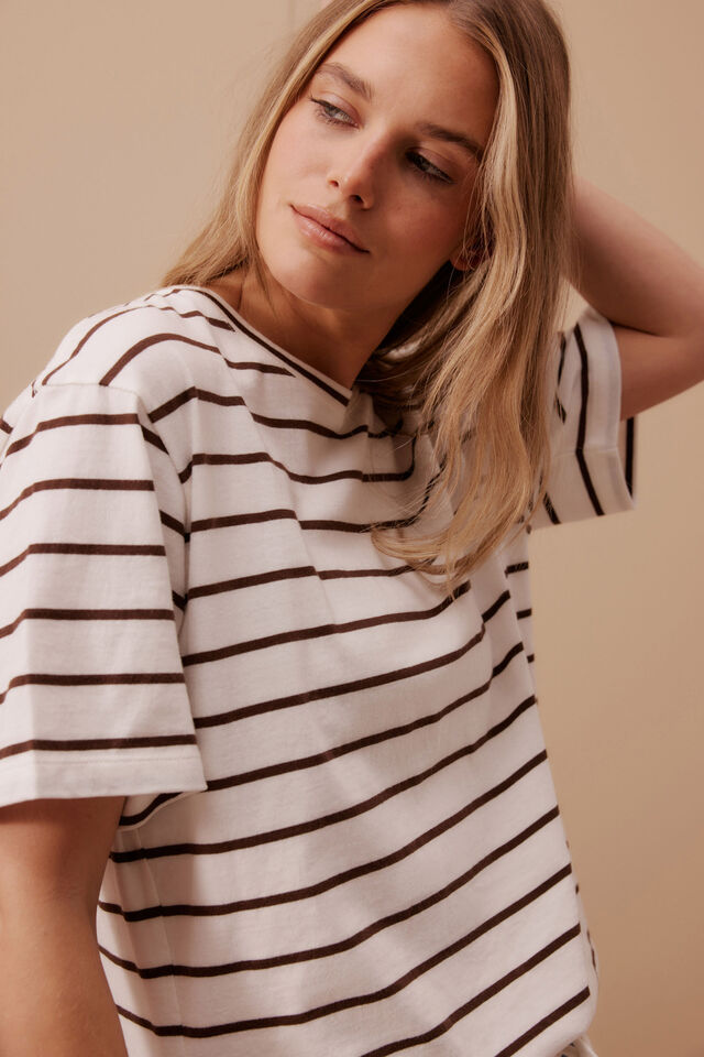 Stevie Slouchy Tee, VANILLA/CHOC FINE STRIPE