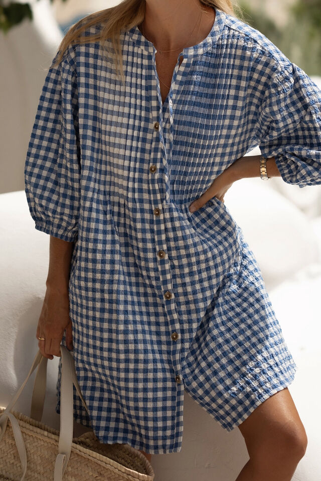 Pintuck Check Mini Dress, SANTORINI BLUE CHECK