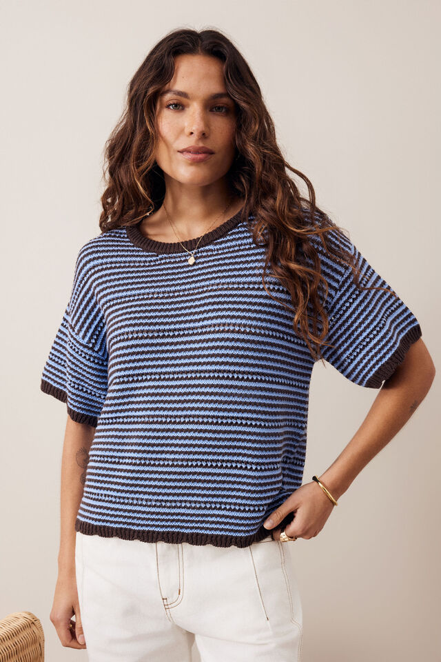 Nina Boxy Knit Tee, BRUNETTE SKY BLUE STRIPE