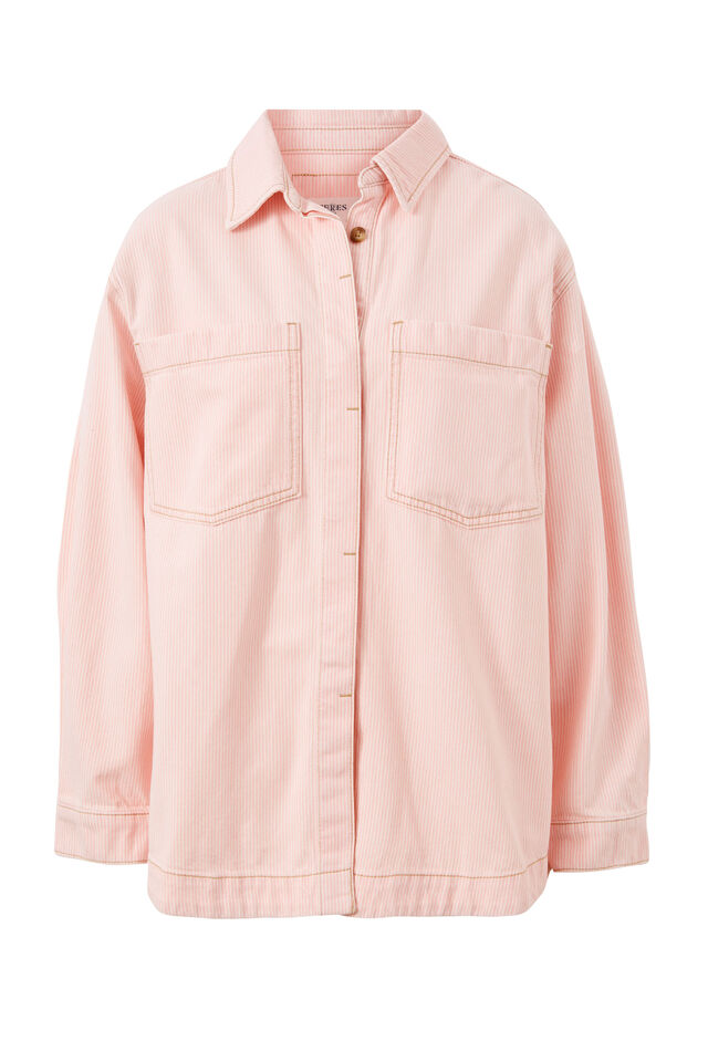 Curved Hem Shacket, WASHED CORAL STRIPE