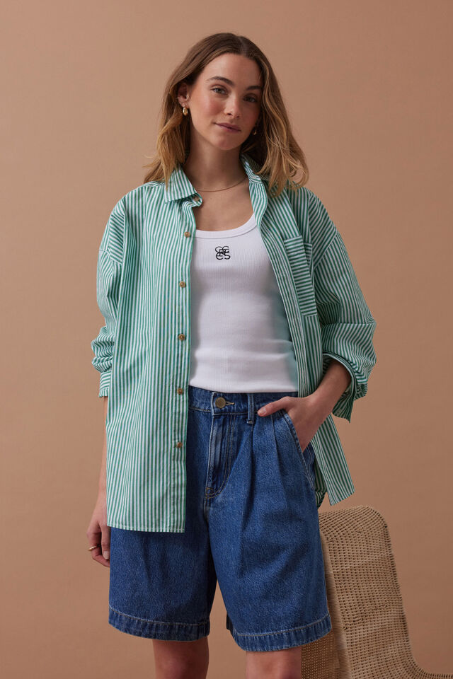 Sylvie Longline Pleat Denim Short, FRESH INDIGO