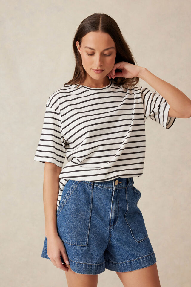 Longline Step Hem Tee, VANILLA /PHANTOM FINE STRIPE