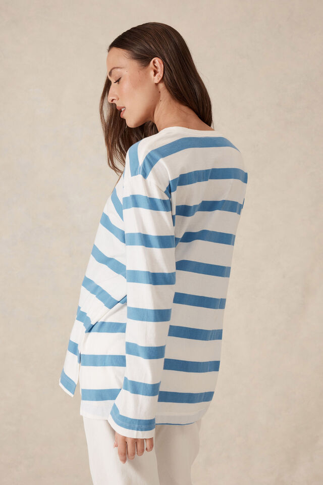 Longline Step Hem L/S Tee, VANILLA/POOL BLUE BOLD STRIPE