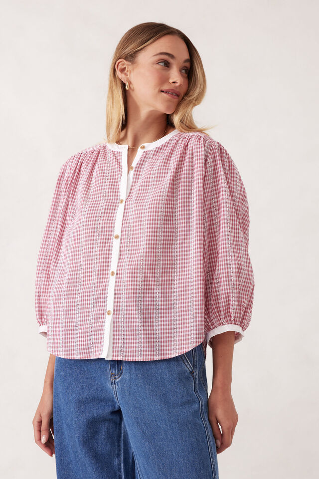 Woven Collarless Top, RED GINGHAM