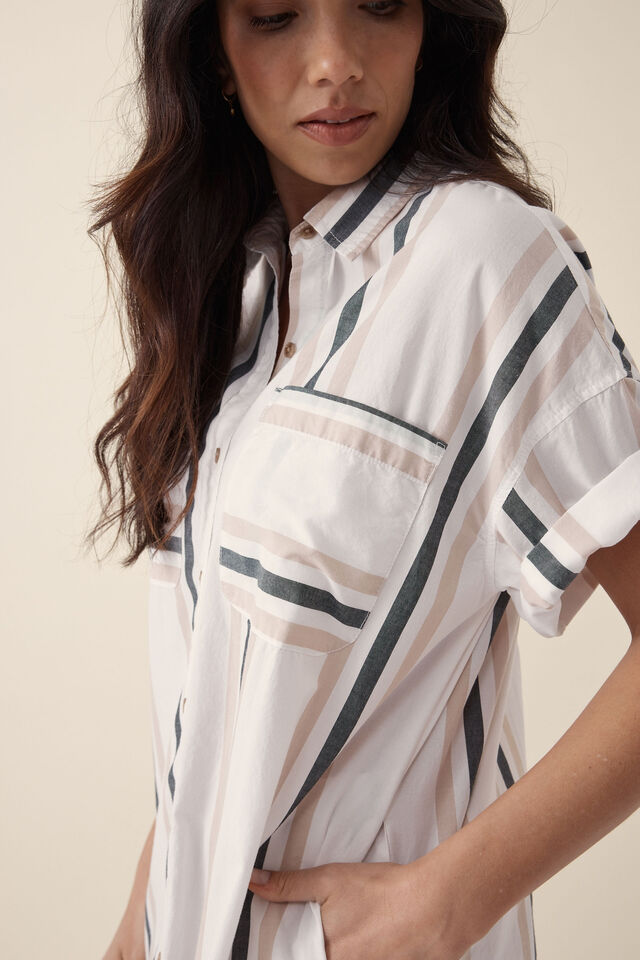 Short Sleeve Midi Shirt Dress, WHITE STRING STRIPE