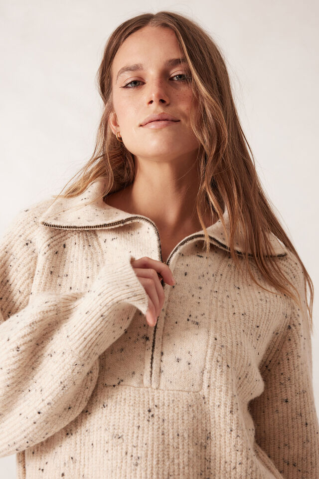 Slouchy Zip Knit, CREAM NEP