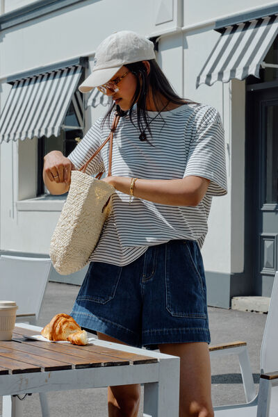 Stevie Slouchy Tee, MILK/PHANTOM FINE STRIPE