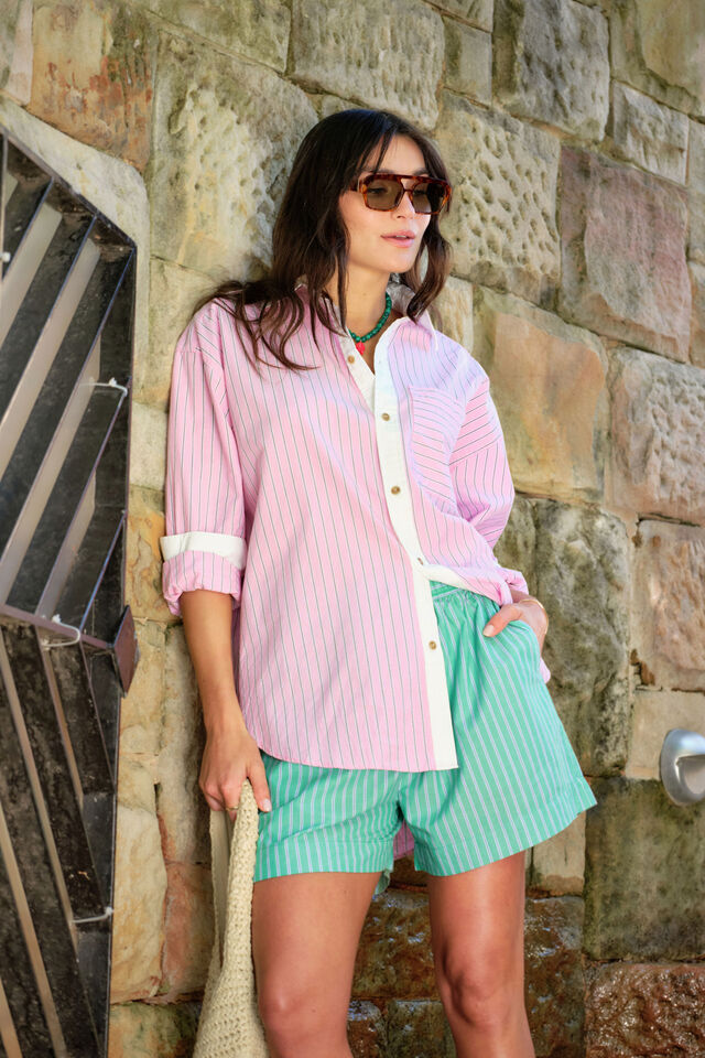 Peta Oversized Shirt, HIBISCUS PINK TRIPLE STRIPE WHITE COLLAR