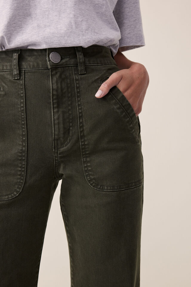 Patch Pocket Flare Jean, WASHED MILITARY GREEN IN RESCUE COTTON