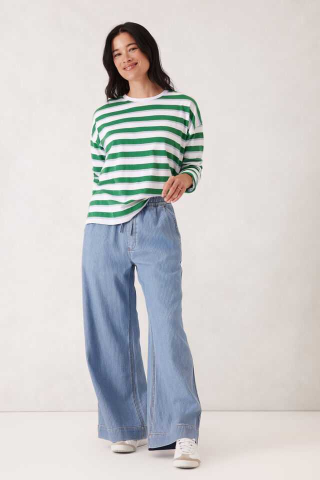 Slouchy Long Sleeve  Tee, KELLY GREEN STRIPE