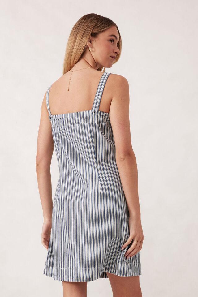 Strappy Button Mini Shift Dress, LAGOON BLUE STRIPE