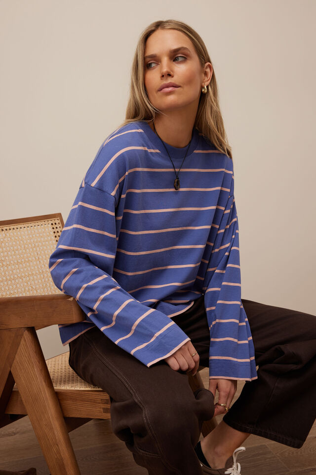 Beau Long Sleeve Slouchy Tee, WASHED NAVY/PINK CLAY