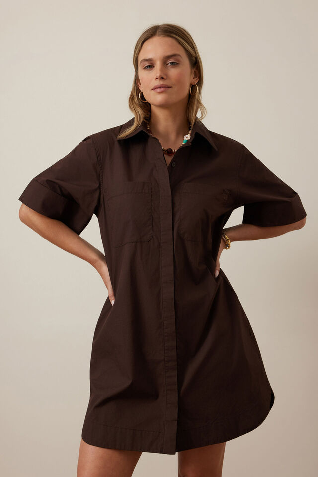 Sara Mini Shirt Dress, CHOCOLATE