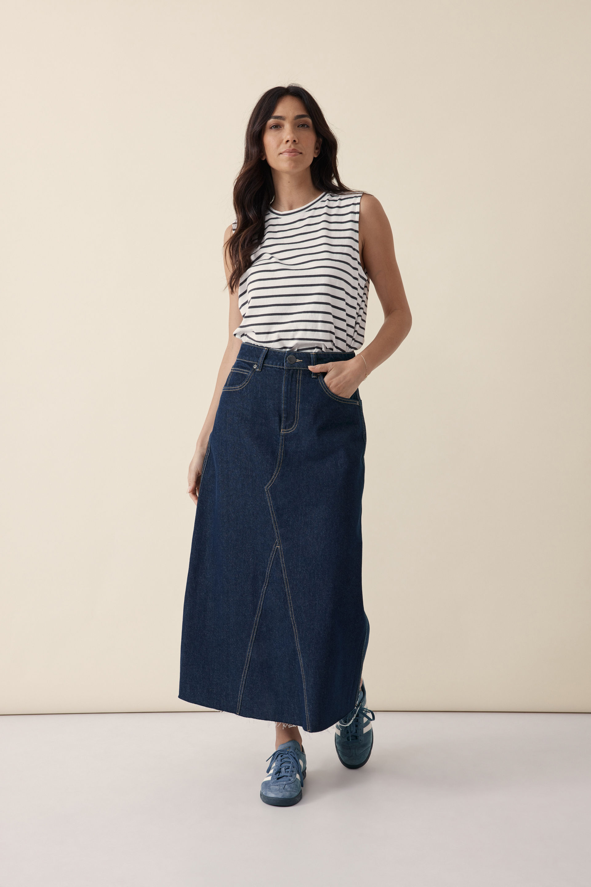 A Line Denim Maxi Skirt