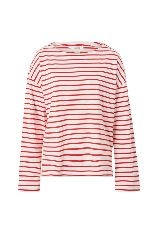 Slouchy Long Sleeve Boat Neck Tee, HERITAGE RED STRIPE