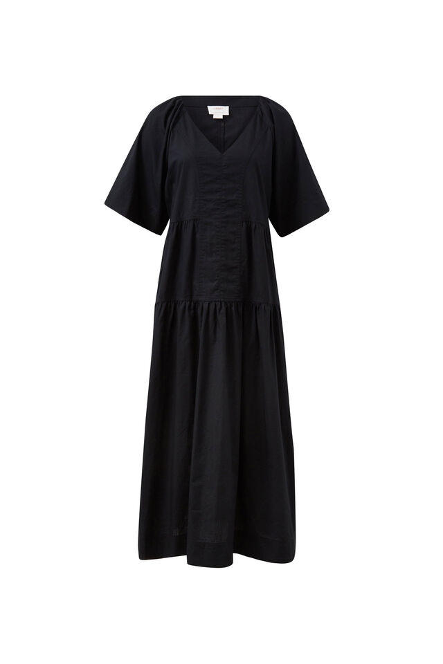 Tiered Poplin Midi Dress, BLACK