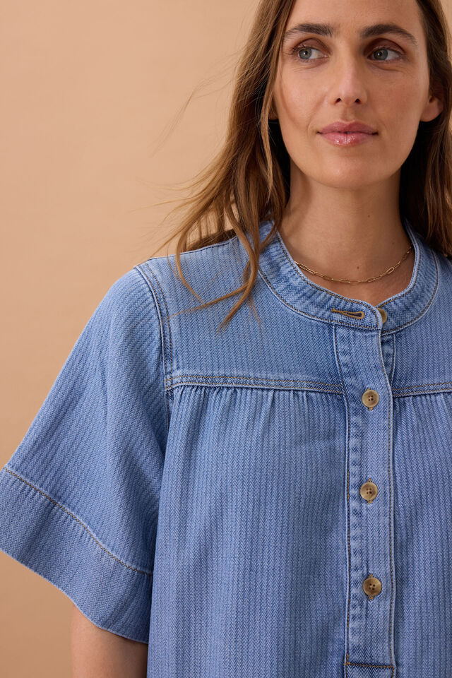Half Placket Tunic Dress, BLUE HERRINGBONE