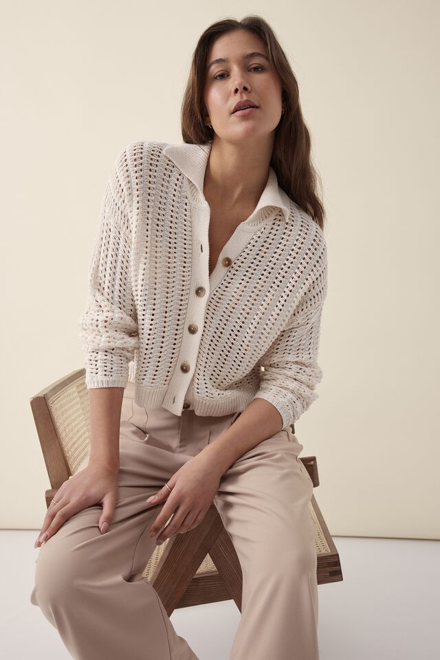 Mesh Knit Collared Cardigan In Organic Cotton, PARCHMENT AND WHITE