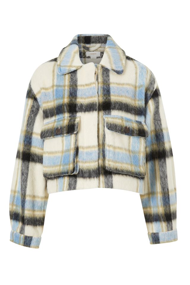 Cropped Jacket In Rescued Fabric Jf, BLUE GREEN CHECK