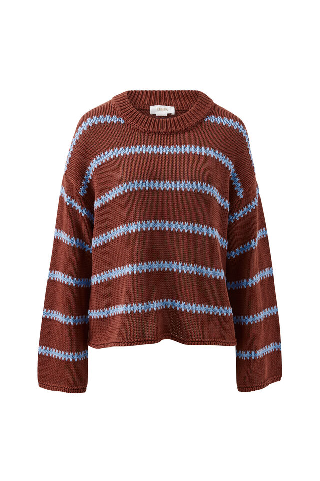 Lila Oversized Knit Crew, BURNT TOFFEE STRIPE