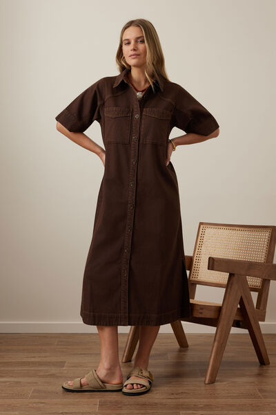 Ava Short Sleeve Midi Dress, CHOCOLATE