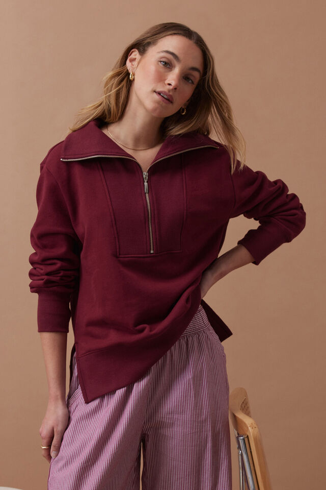 Isabella Half Zip Sweat, BURGUNDY