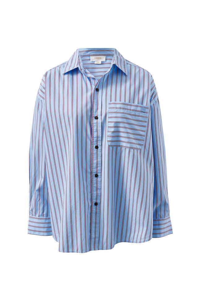 Peta Oversized Shirt, SKY BLUE BURGUNDY STRIPE