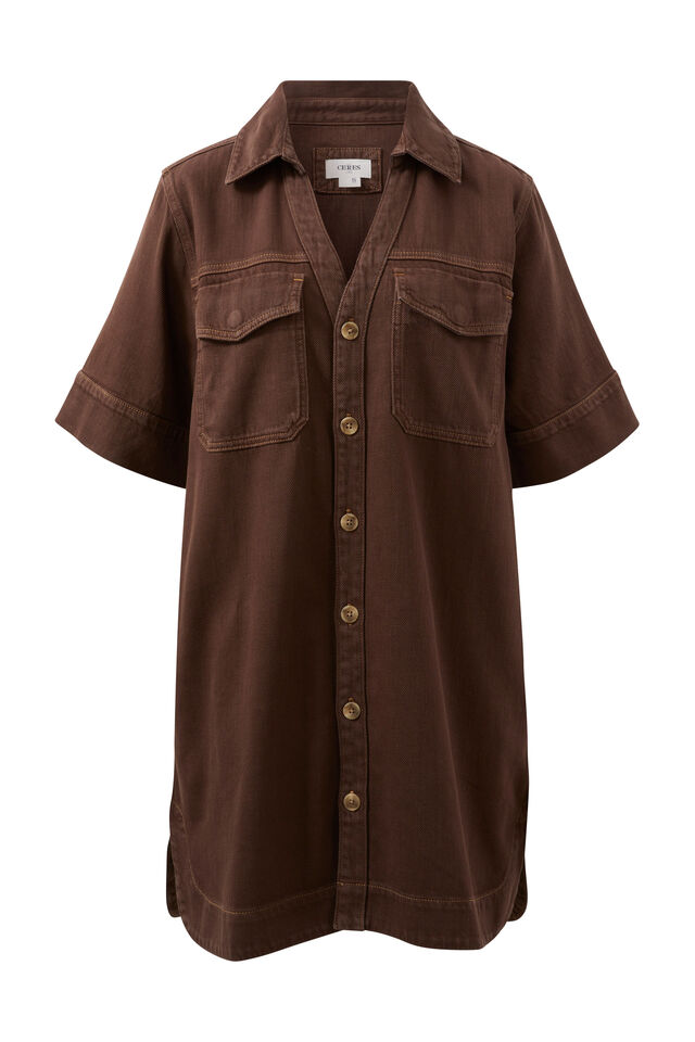 Relaxed Shirt Dress, CHOCOLATE
