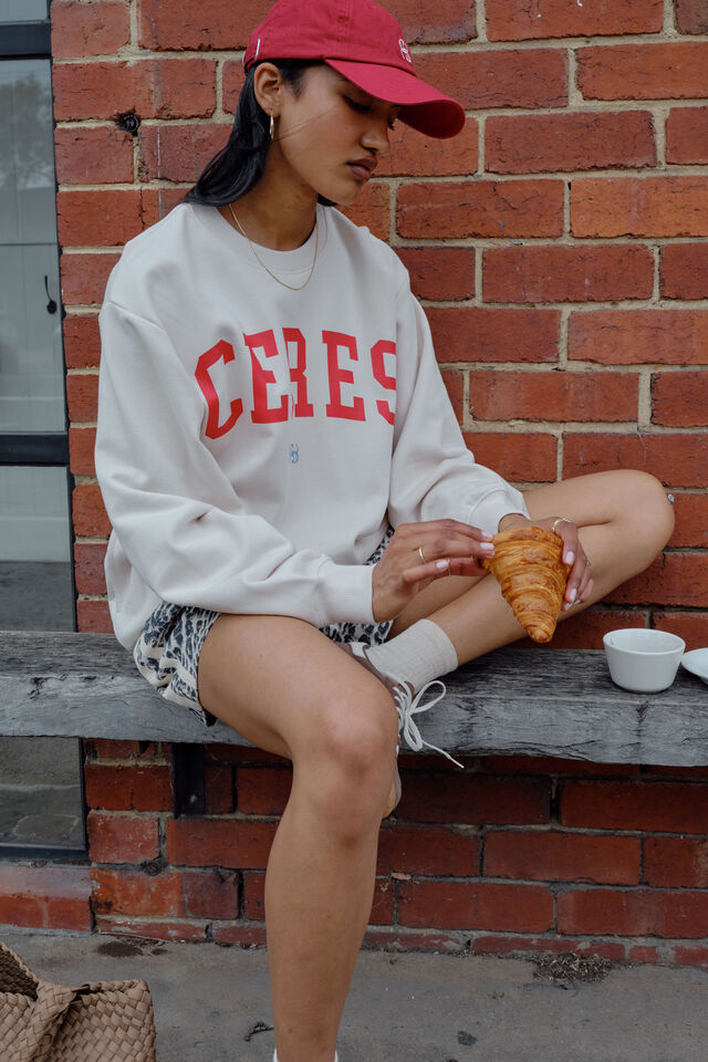 Isla Oversized Slouchy Crew, BUFF FIERY RED HERITAGE LOGO