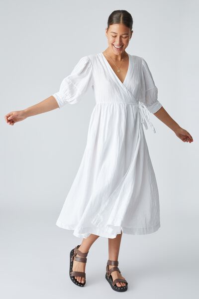 Linen Wrap Midi Dress, WHITE