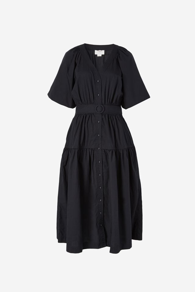 Belted Balloon Sleeve Dress In Organic Cotton, BLACK