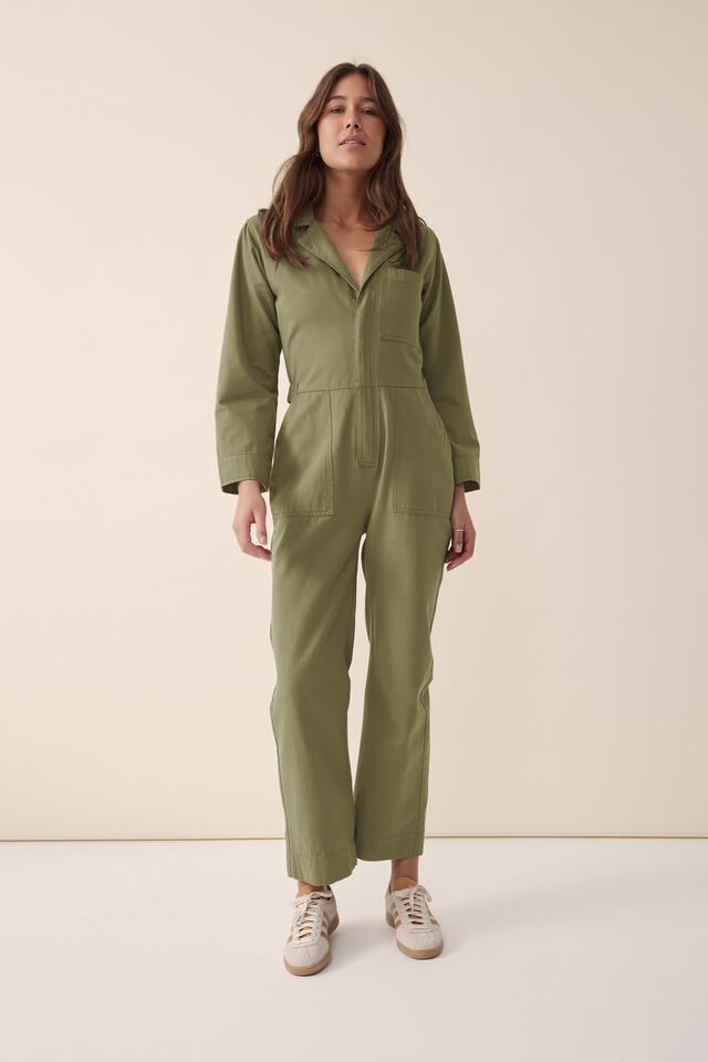 Relaxed Zip Jumpsuit, SOFT OLIVE RESCUED FABRIC