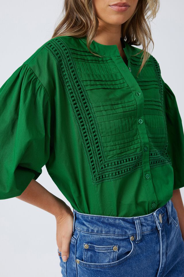 Pleat Detail Lantern Sleeve Top, WINTER GREEN