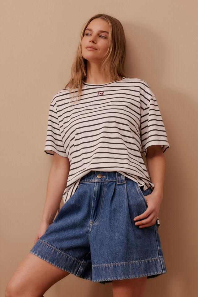 Stevie Slouchy Tee, VANILLA/PHANTOM FINE STRIPE MONOGRAM