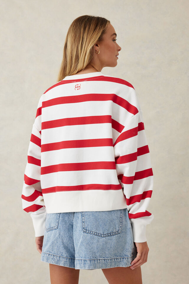 Cropped Slouchy Crew, WARM WHITE RED STRIPE