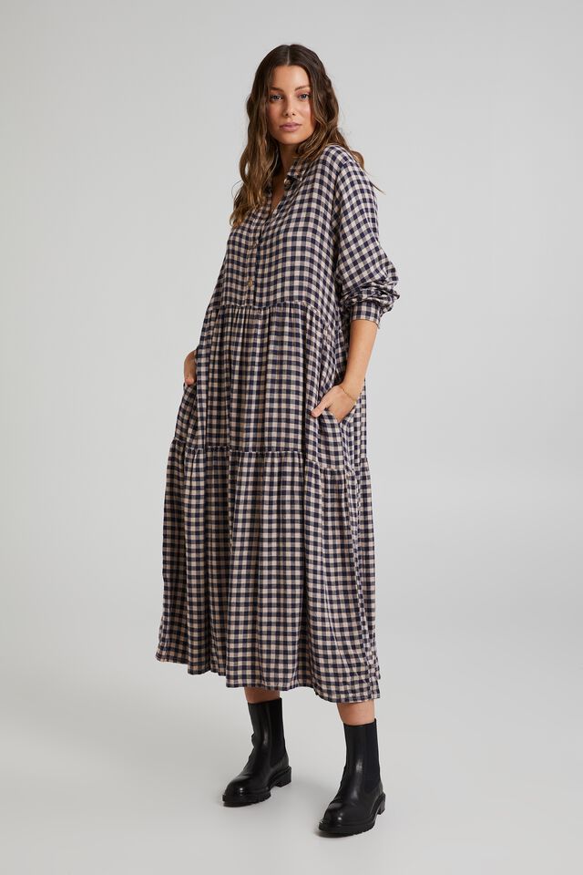 Tiered Shirt Dress In Rescue Check, LATTE CHECK