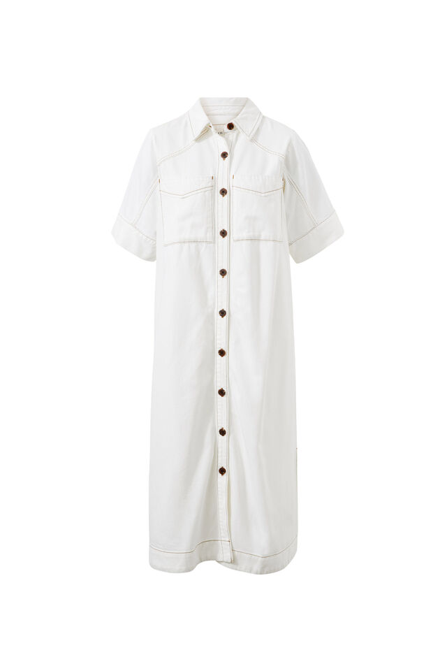 Short Sleeve Yoke Detail Midi Dress, FRESH ECRU TWILL